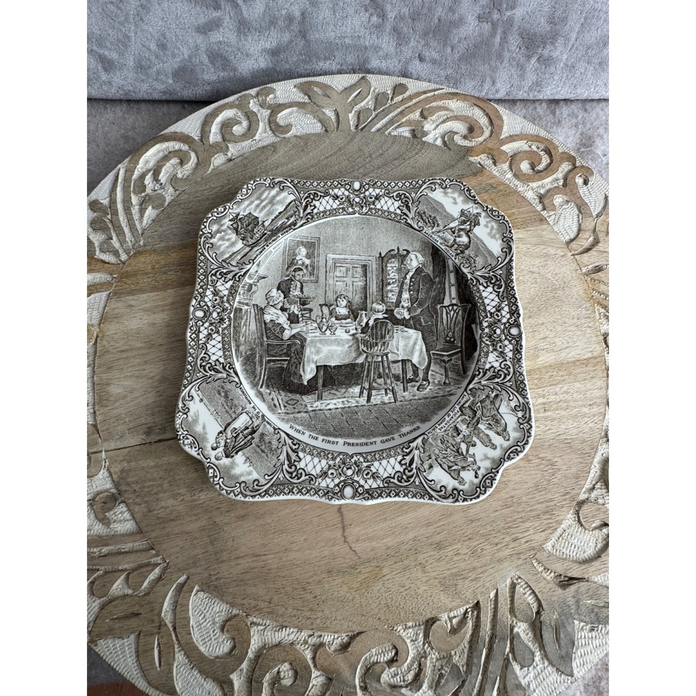 Crown Ducal Colonial Times Plate First President Gave Thanks Brown Transferware